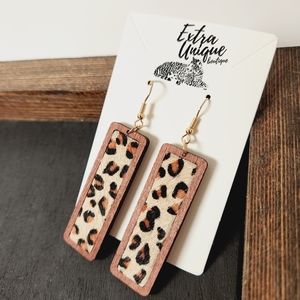 Long Leopard Hair Wood Western Bar Dangle Earrings Unique Jewelry Animal Print